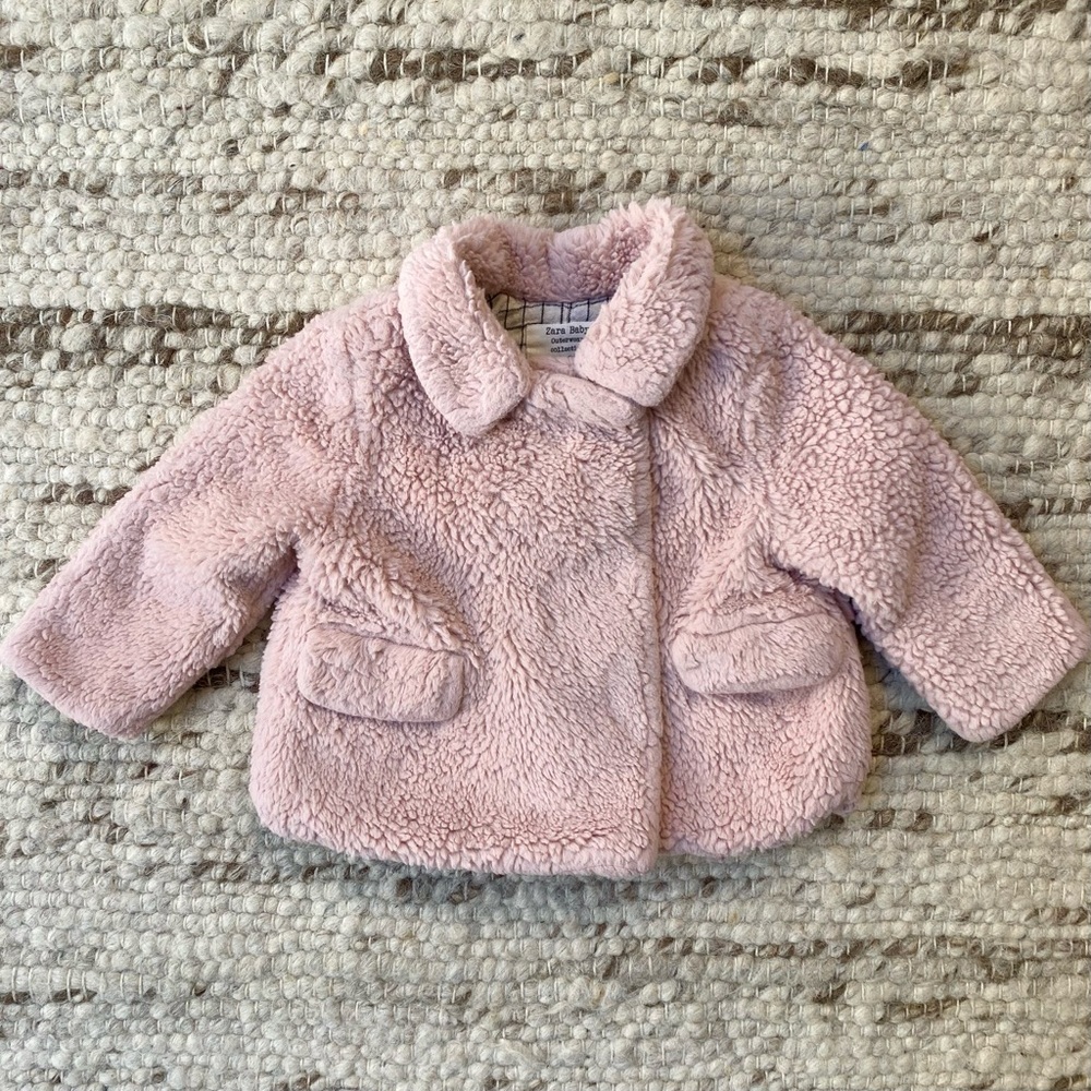 Zara Baby Pink Faux Shearling Coat with Contrast Plaid Lining, Size 9/12 Months